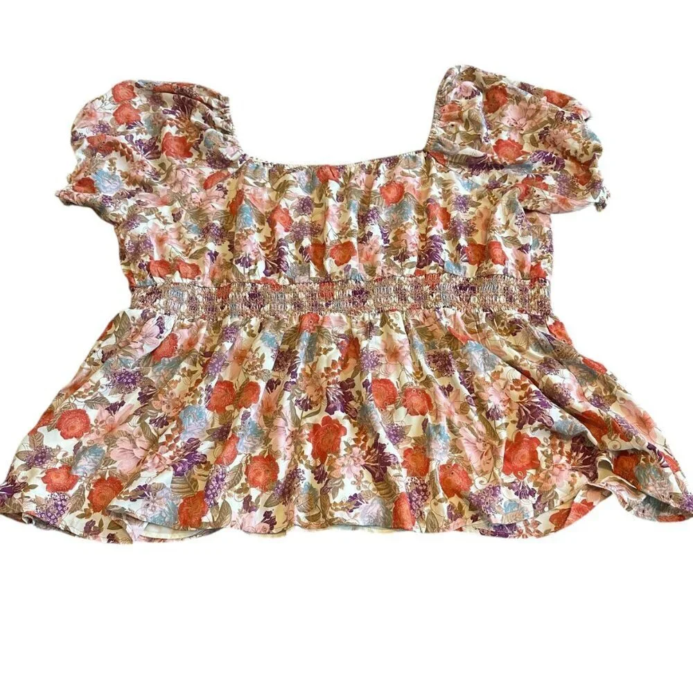 Torrid Colorful Floral Print Blouse Top Shirt Smocked Waist Short Sleeve Size 4x